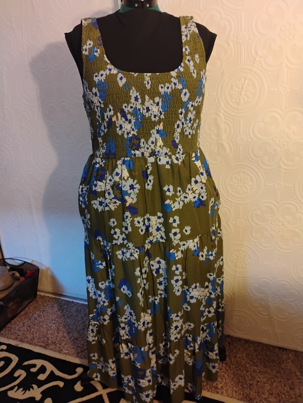Olive Green Floral Sleeveless Maxi Dress, With Pockets